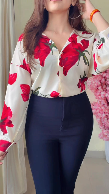 Cherry Red  Floral V-Neck Premium Shirt