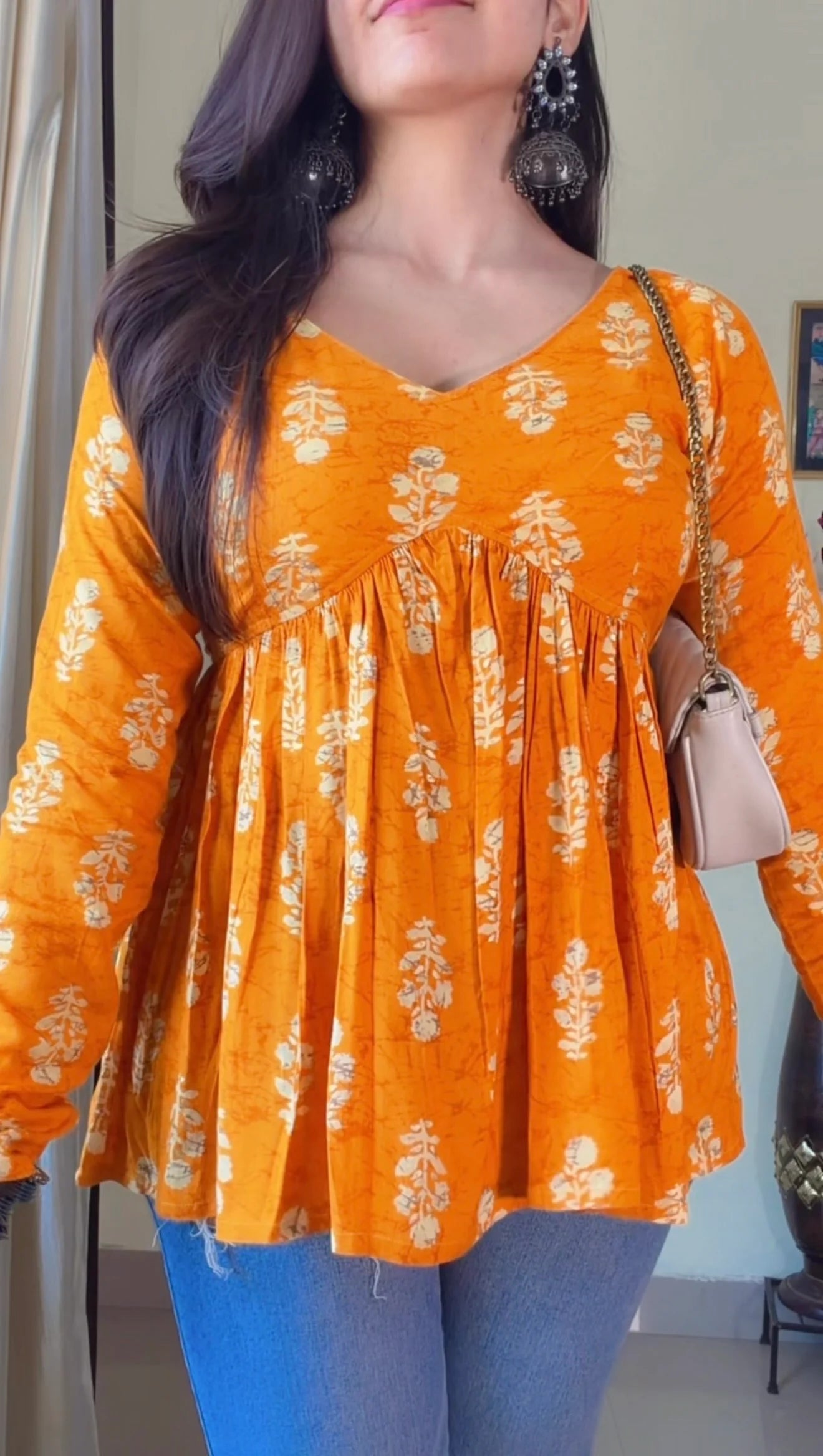 Mustard Yellow Floral Flared Short Kurti