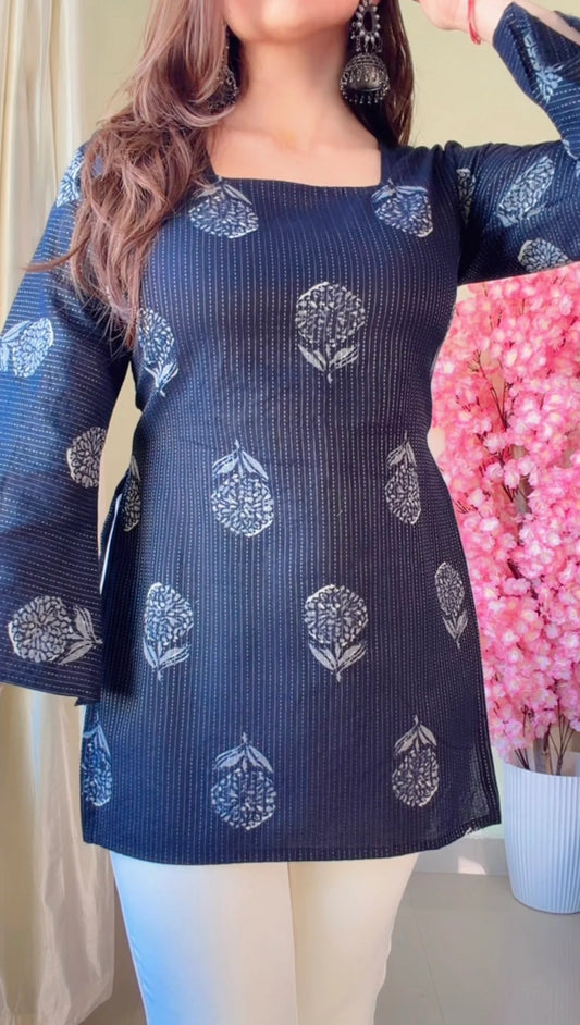 Black Floral Corset Back Short kurti