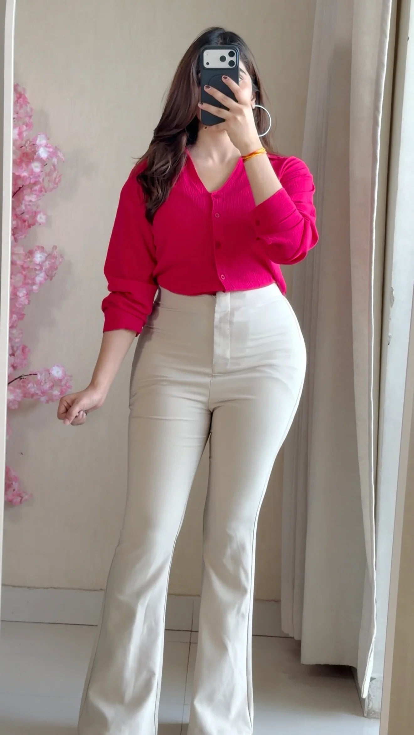 Pink Solid V-Neck Casual Shirt