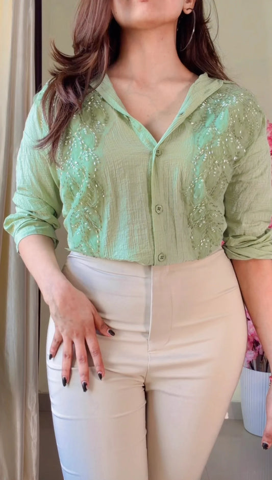 Pastel Green leaf Embroidered Premium Shirt