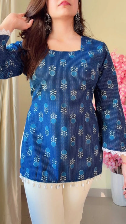 Blue Floral Flared Sleeves Short kurti