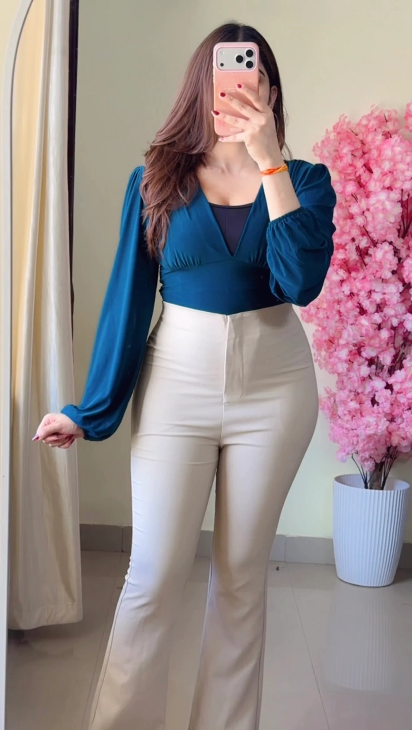 Teal Deep-V Puff Sleeve Bodysuit T807