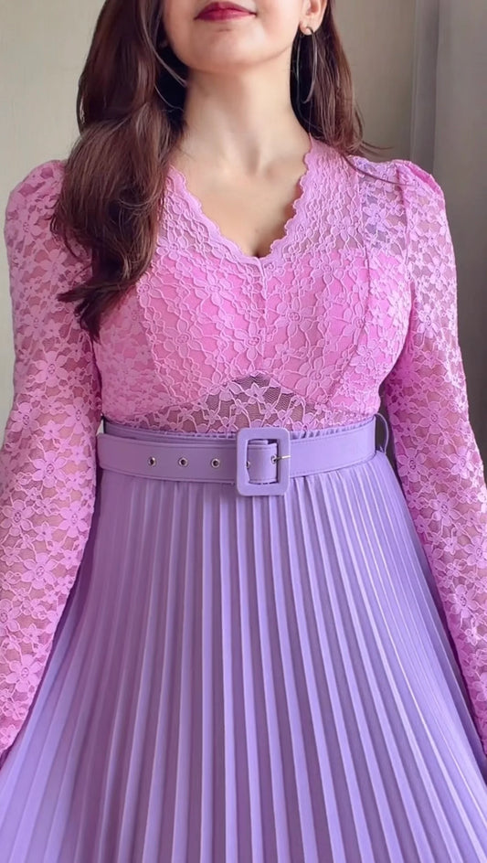 Pink Lace Pleated Co-ord Set with Belt (Top+ Skirt)
