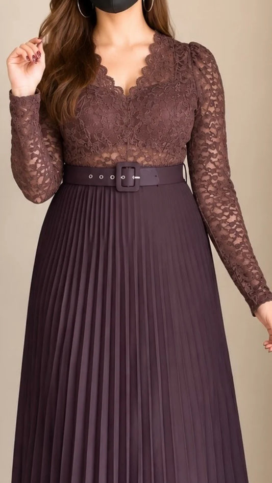 Lace Pleated Co-ord Set with Belt (Padded Top+ Skirt)