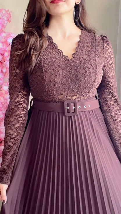 Mocha Brown Pleated Midi Skirt