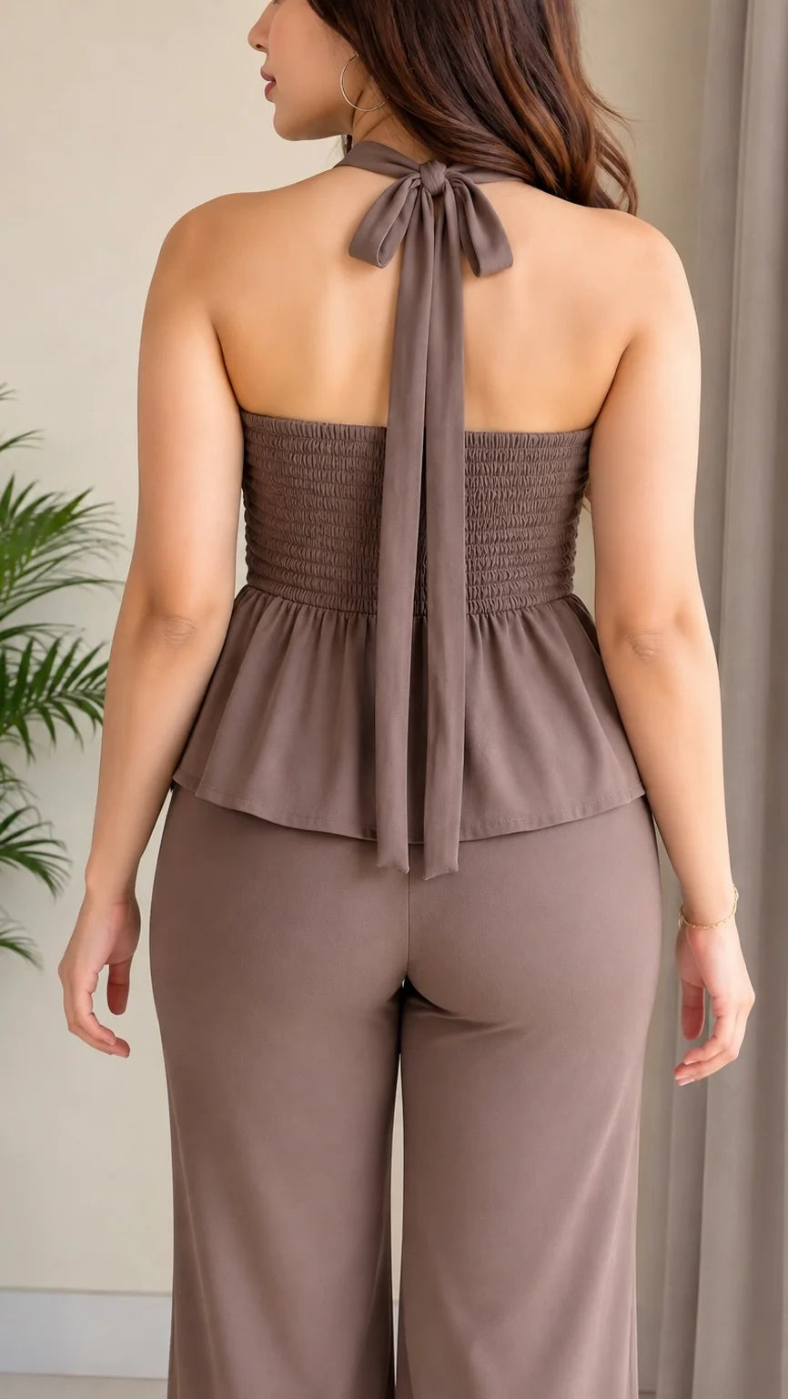 Mocha Brown Luxe Halter Peplum Co-Ord Set