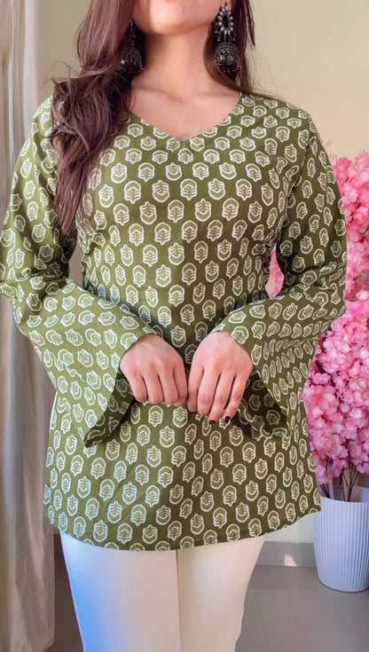 Green Floral Corset Back Short kurti