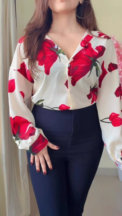 Cherry Red  Floral V-Neck Premium Shirt