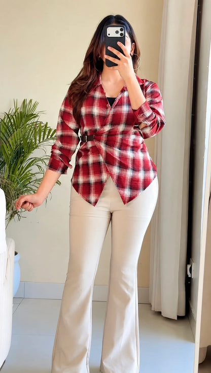 Side-Belt Flannel Shirt