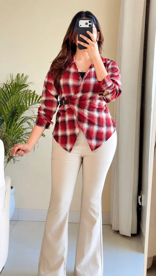 Side-Belt Flannel Shirt