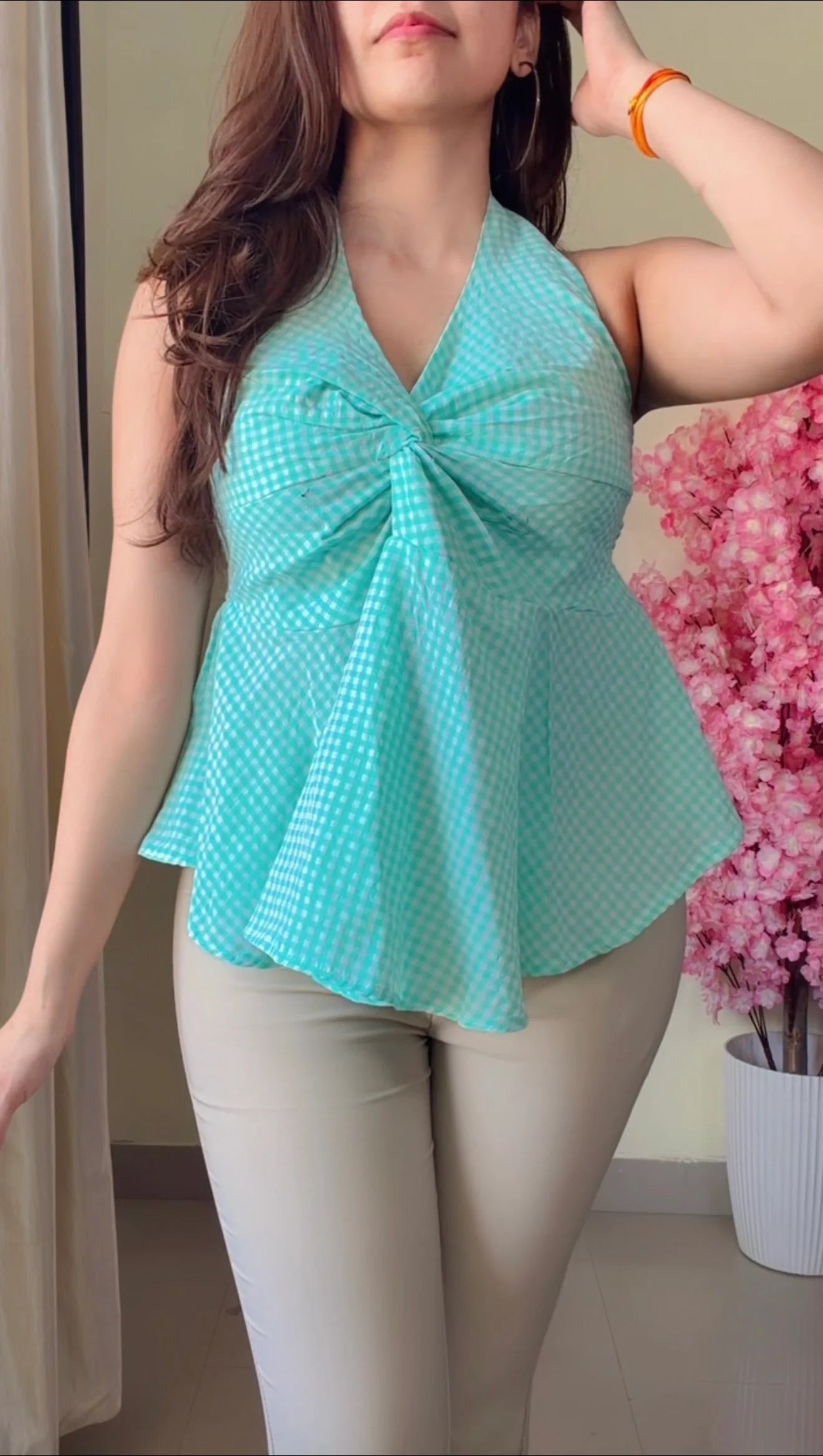 Green and White Striped Halter Neck Peplum Top