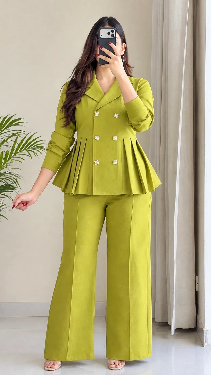 Pleated Double-Breasted Blazer Cord Set