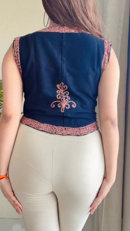 Vintage Bloom Embroidered Denim Vest (Pink)