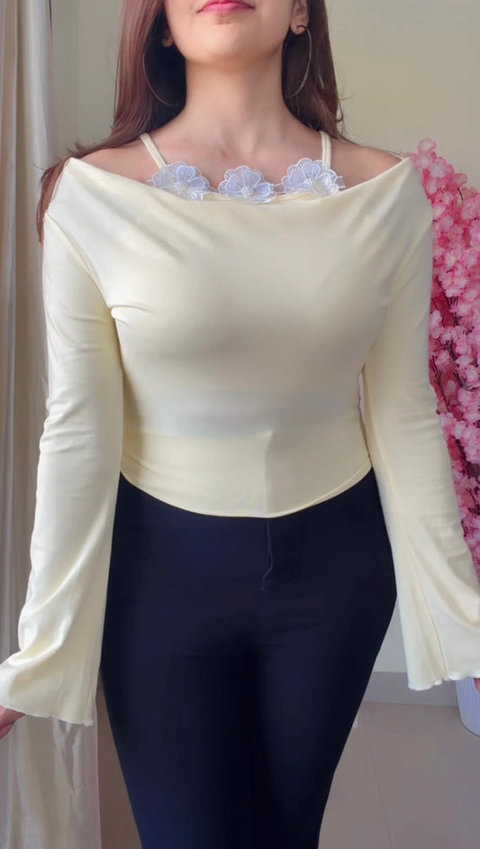 Ivory Draped Off-Shoulder Top with Floral Lace Insert