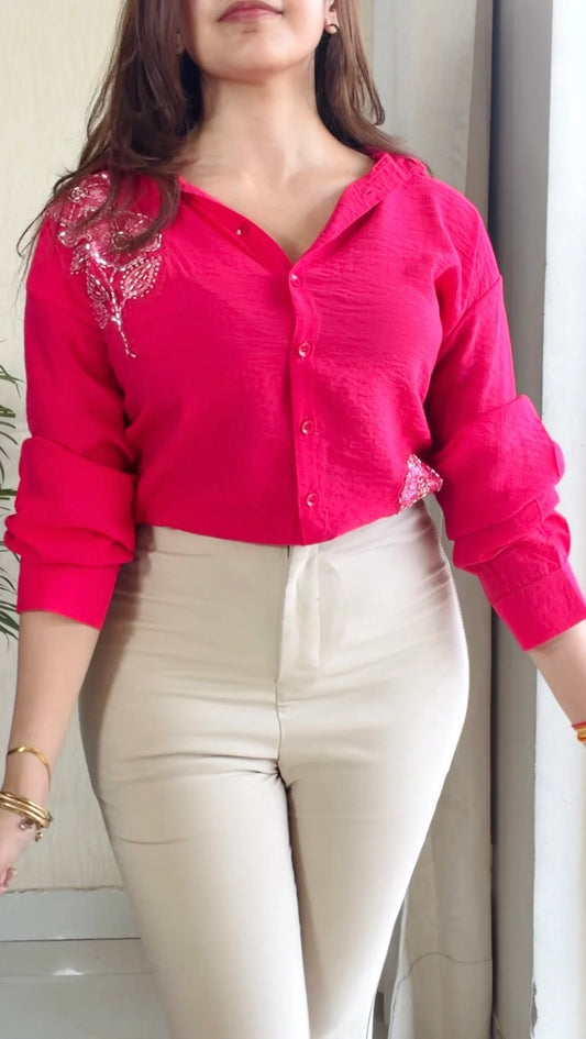 Pink leaf Embroidered Premium Shirt