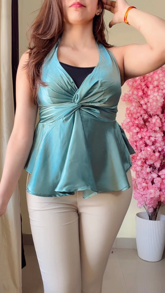 Satin Twist-Front Halter Peplum Top.