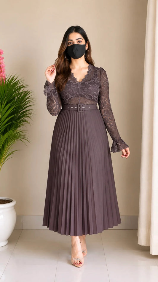 Lace Pleated Co-ord Set with Belt (Padded Top+ Skirt)
