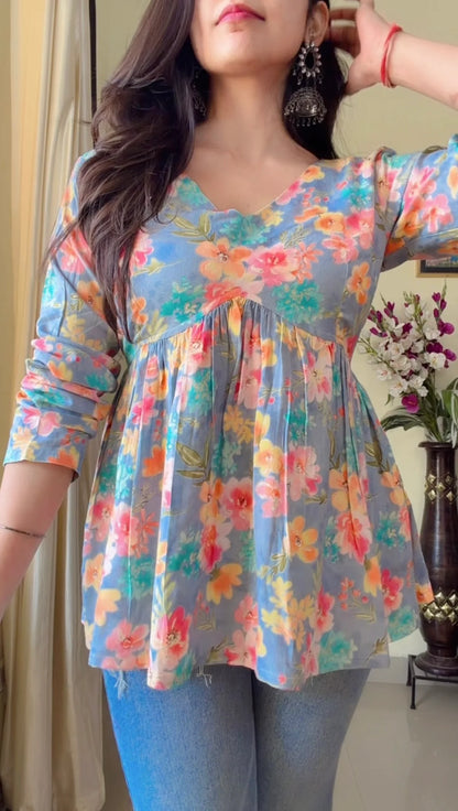 Blue Floral Flared Short Kurti