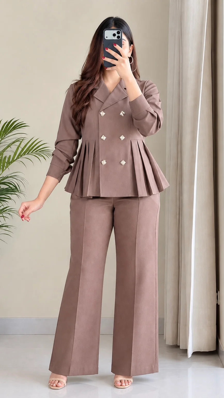 Pleated Double-Breasted Blazer Cord Set