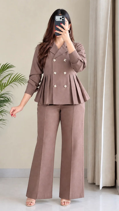 Pleated Double-Breasted Blazer Cord Set