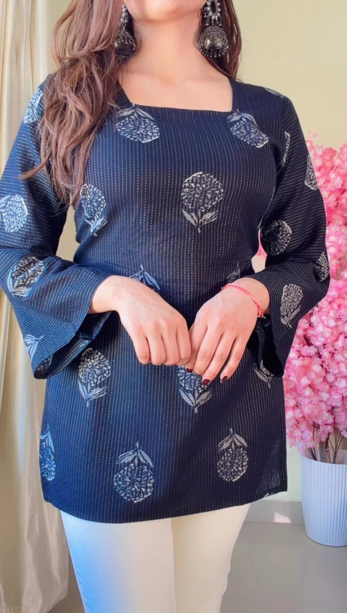 Black Floral Corset Back Short kurti