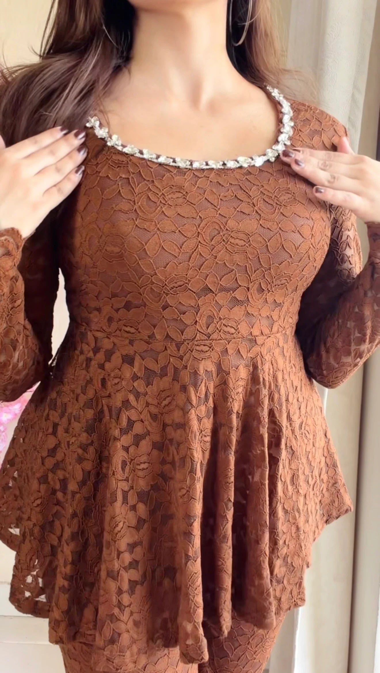 Mocha Brown Lace Peplum Co-ord Set