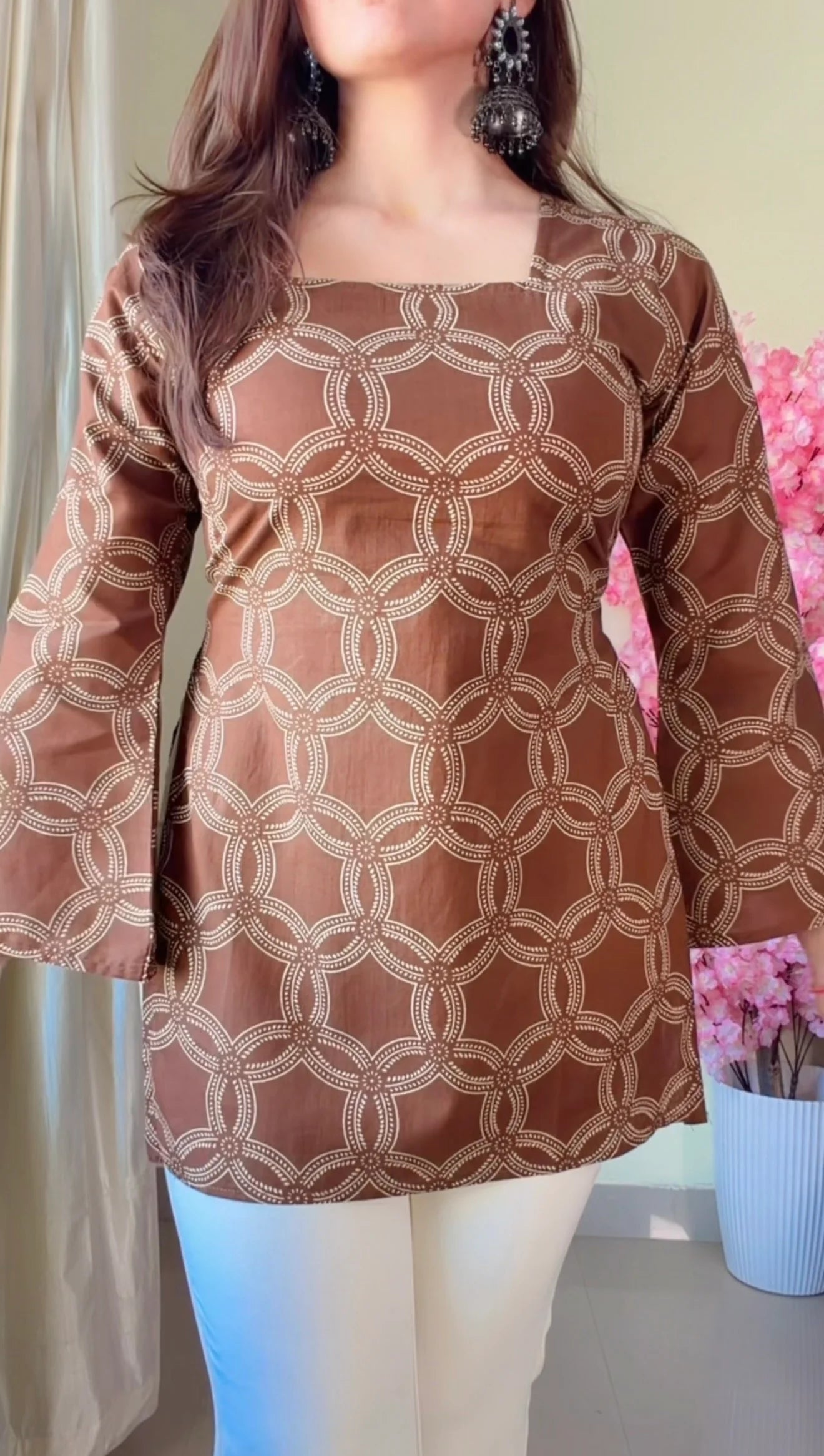 Brown Floral Corset Back Short kurti