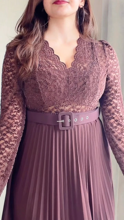 Mocha Lace Pleated Co-ord Set with Belt (Top+ Skirt)