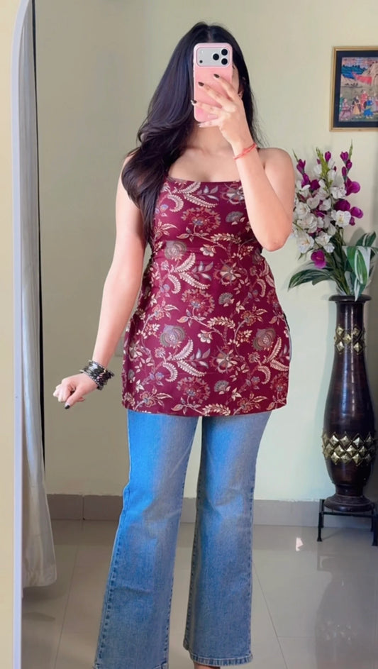 Wine Blossom Lace-Up Short Kurti