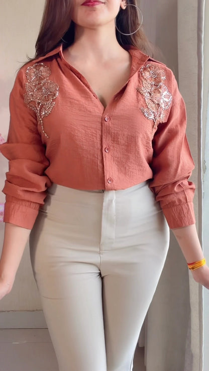 Rust Brown leaf Embroidered Premium Shirt