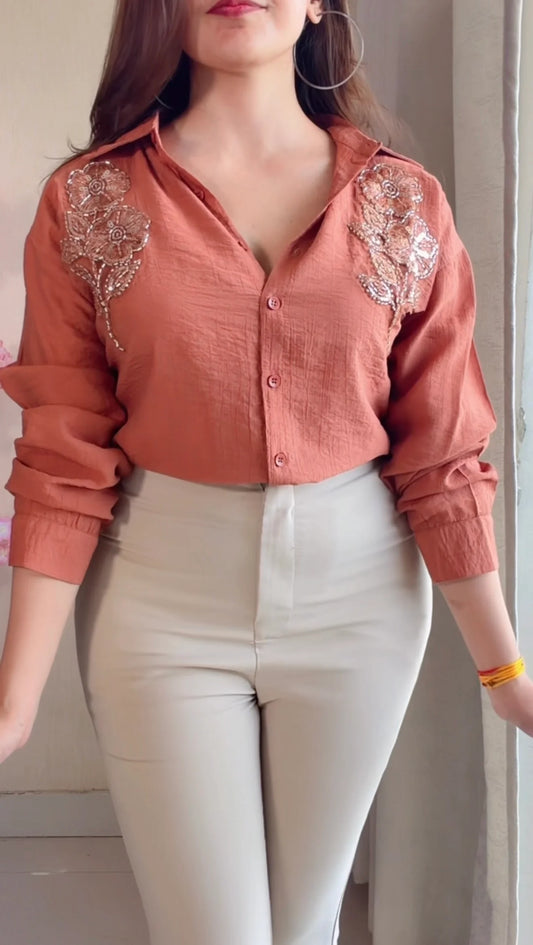 Rust Brown leaf Embroidered Premium Shirt