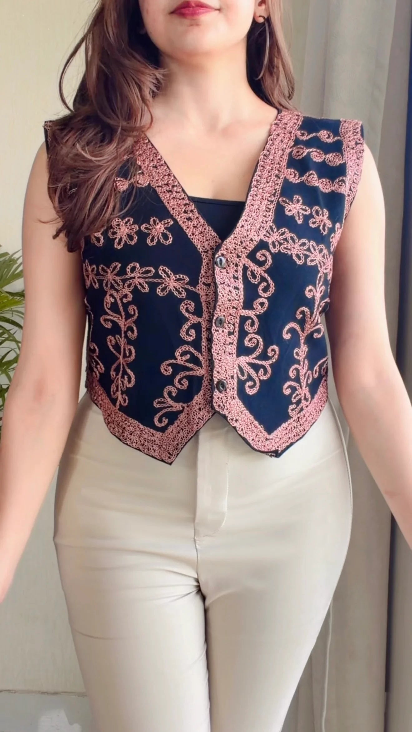 Vintage Bloom Embroidered Denim Vest (Pink)