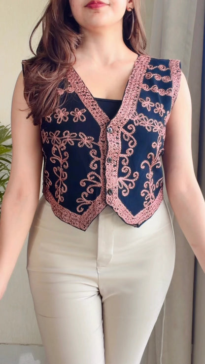 Vintage Bloom Embroidered Denim Vest (Pink)
