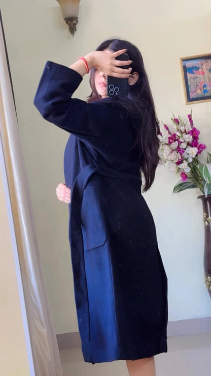 (Size- L to XL) Black Winter Coat (With Belt & Cap) - (WO167)