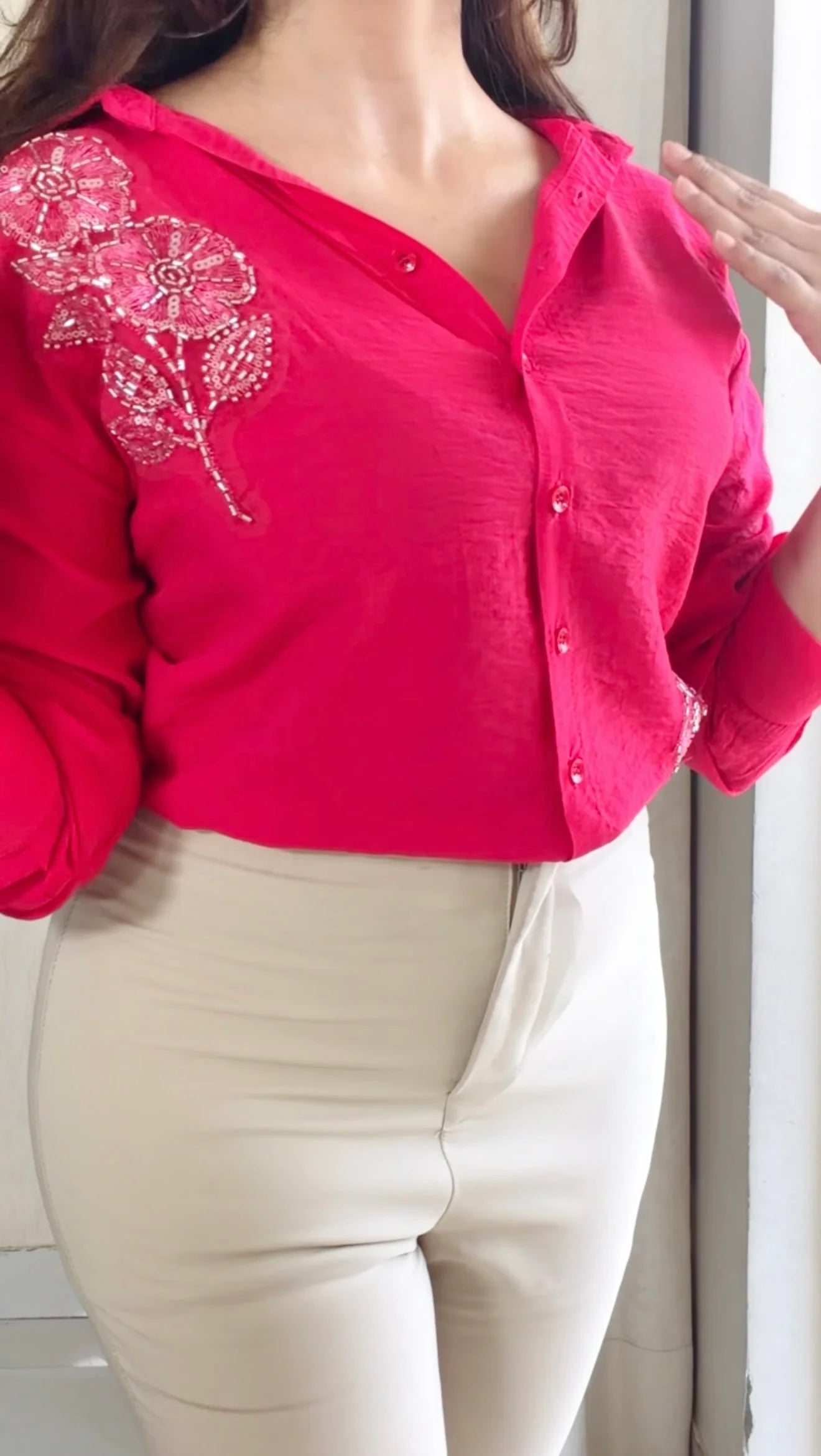 Pink leaf Embroidered Premium Shirt