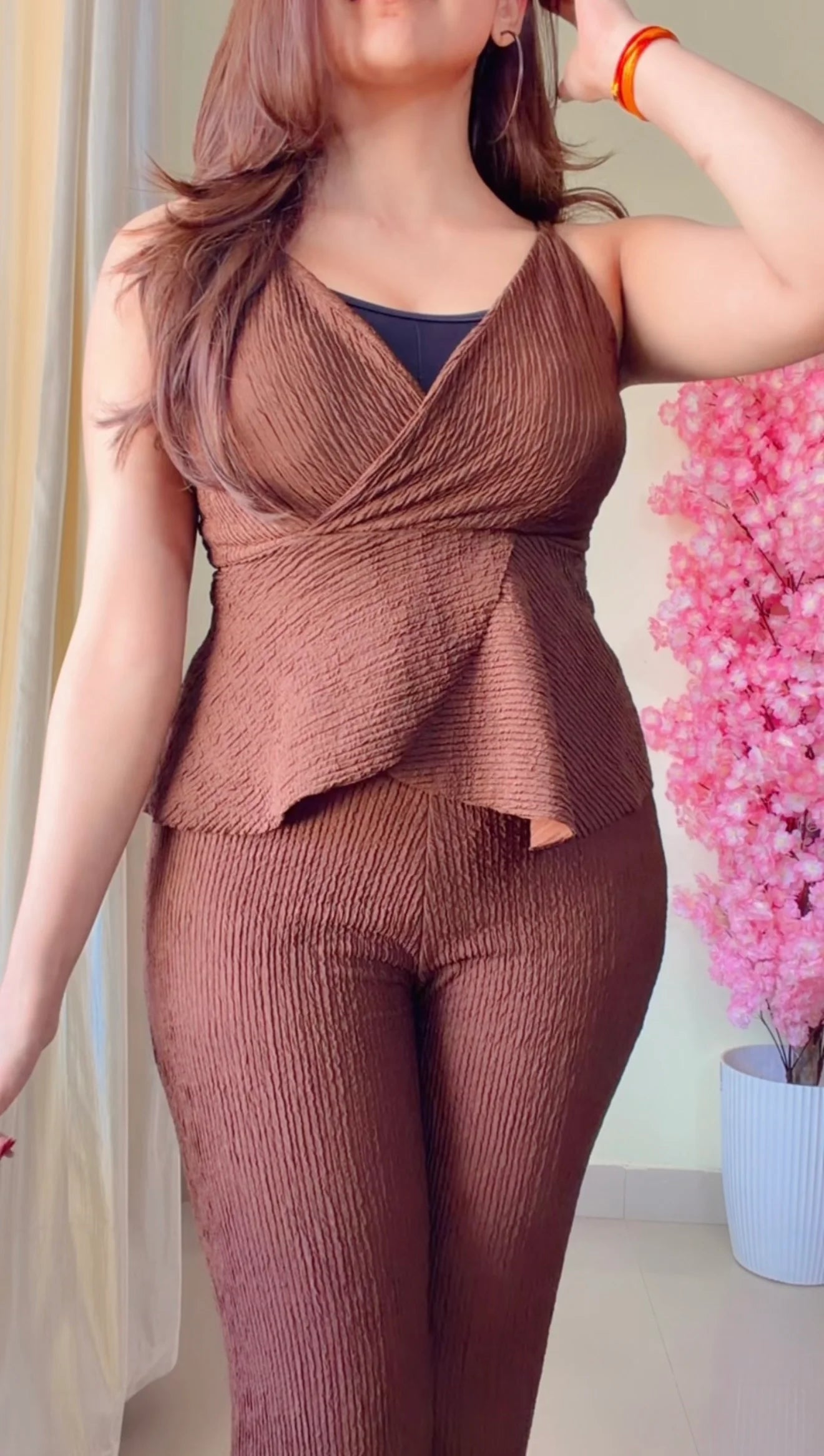 Brown Wrap Peplum Co-ord Set