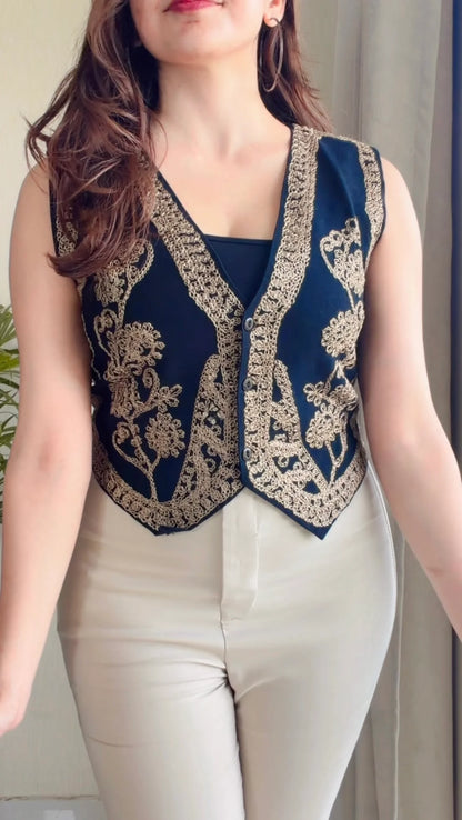 Vintage Bloom Embroidered Denim Vest (Golden)