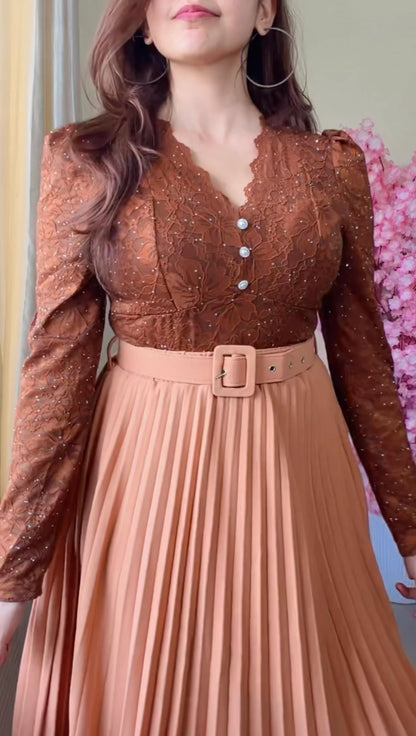 Caramel Brown Pleated Midi Skirt