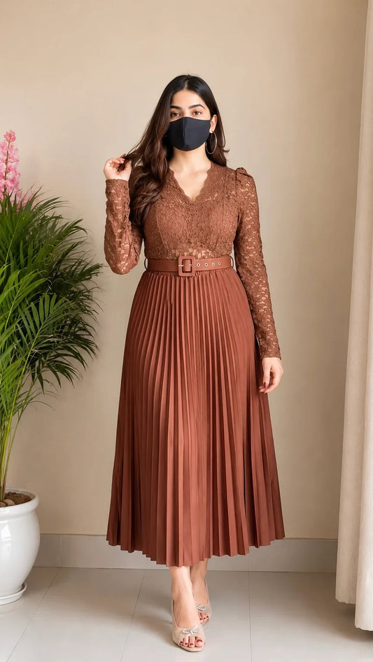 Light Brown Lace Pleated Co-ord Set with Belt (Top+ Skirt)
