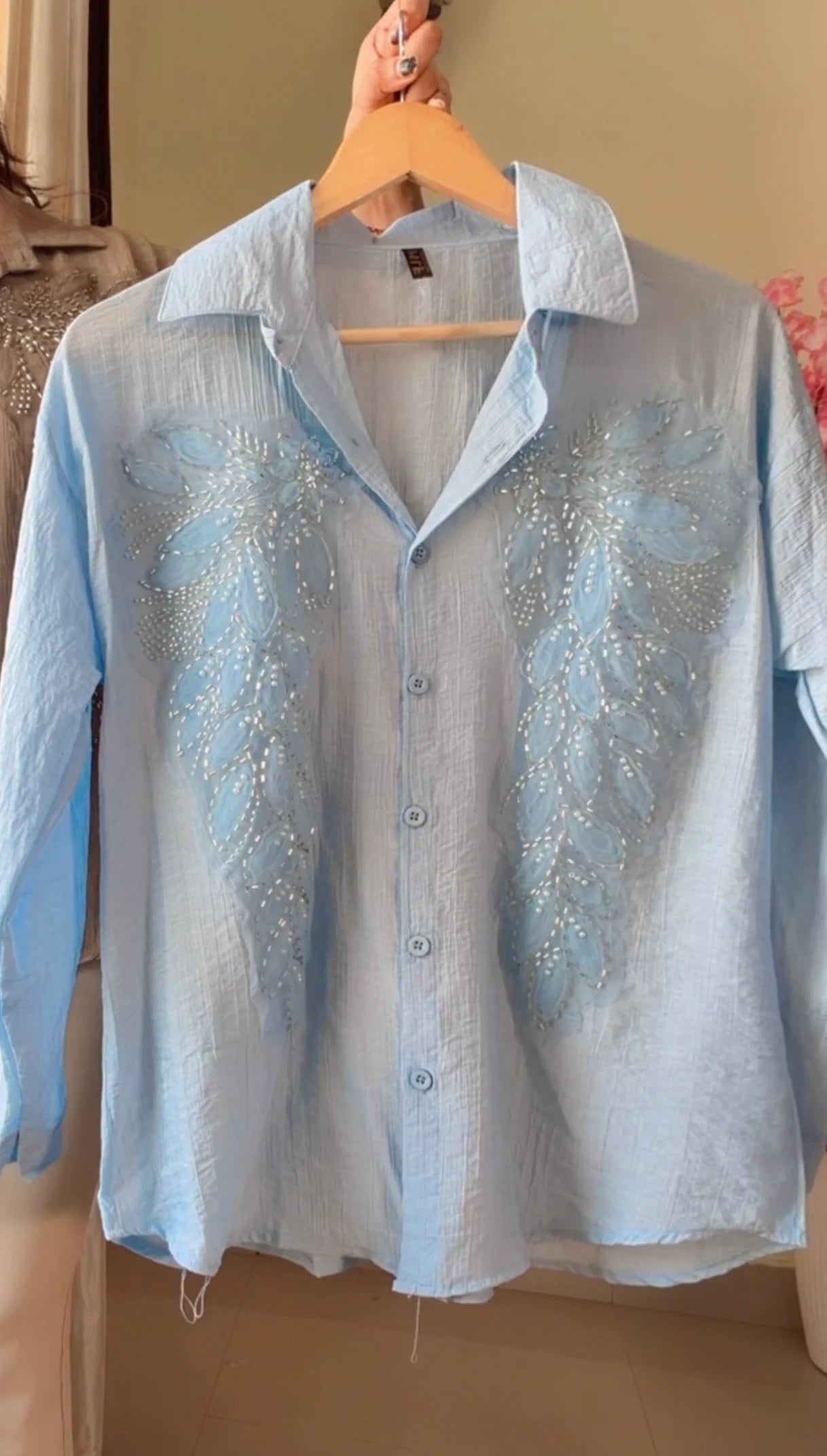 Light- Blue leaf Embroidered Premium Shirt
