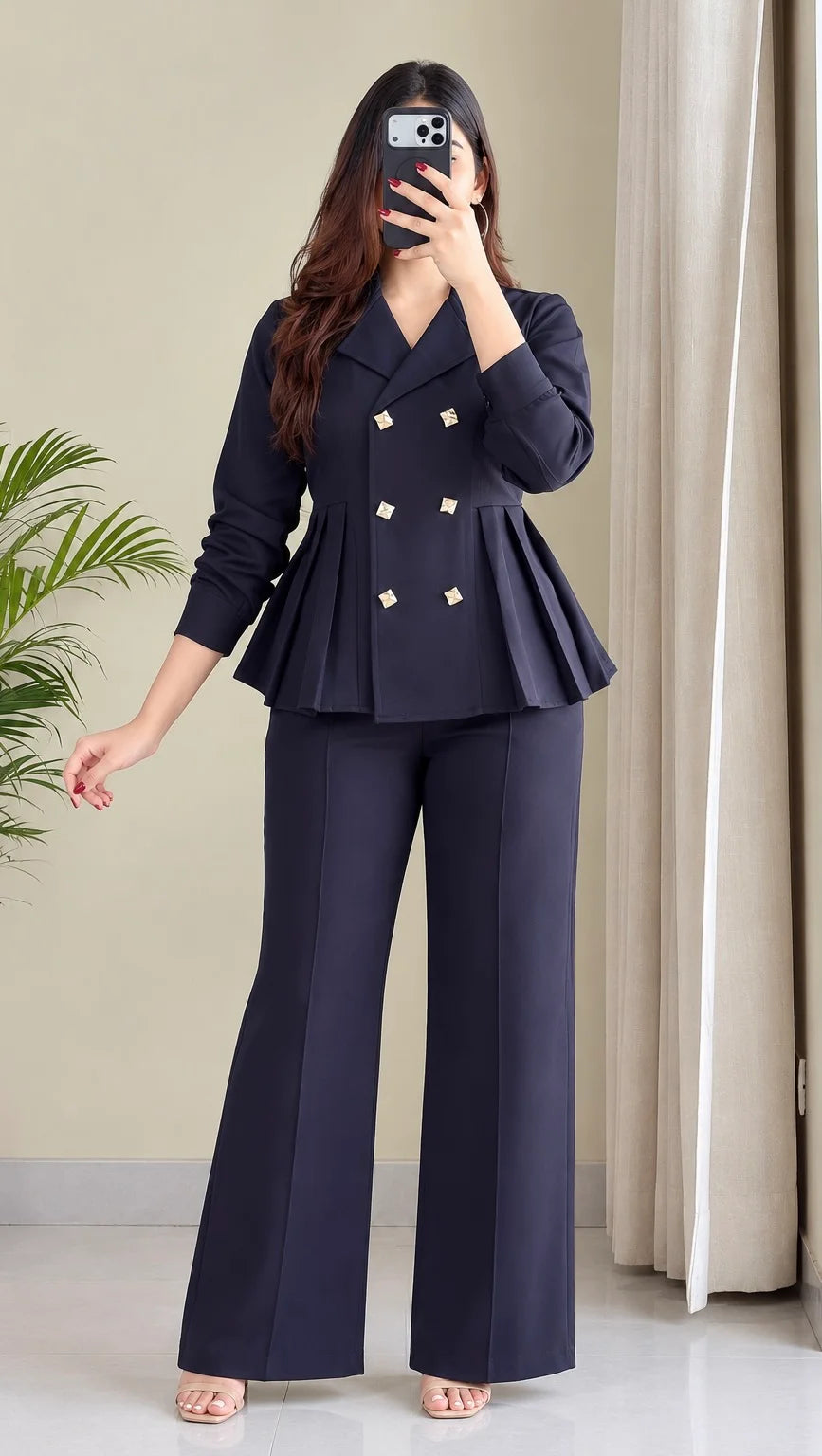 Pleated Double-Breasted Blazer Cord Set
