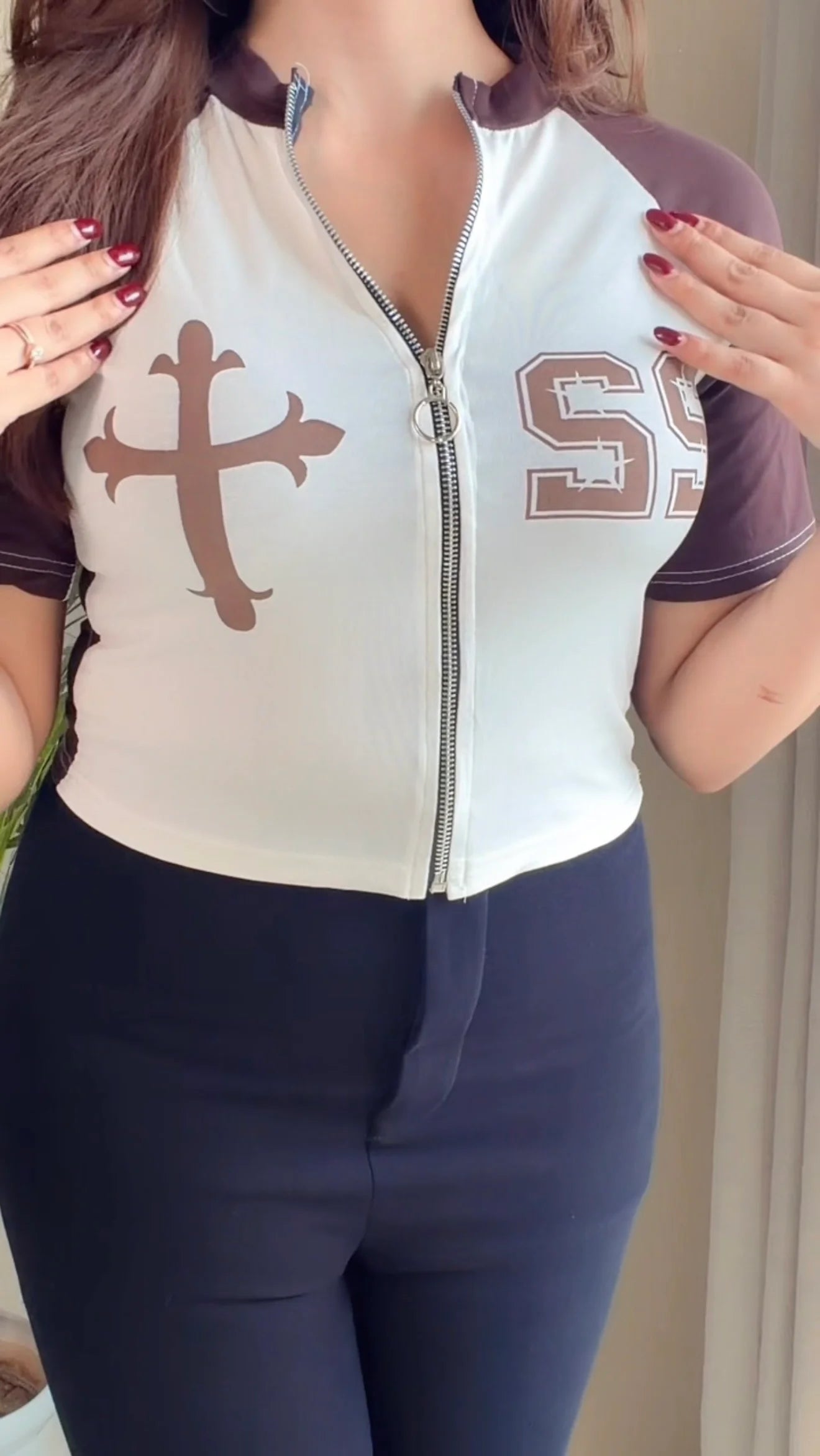 Graphic Zip-Up Crop Top