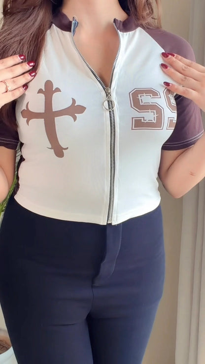 Graphic Zip-Up Crop Top