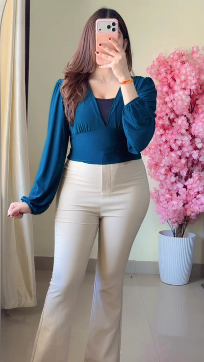 Teal Deep-V Puff Sleeve Bodysuit T807