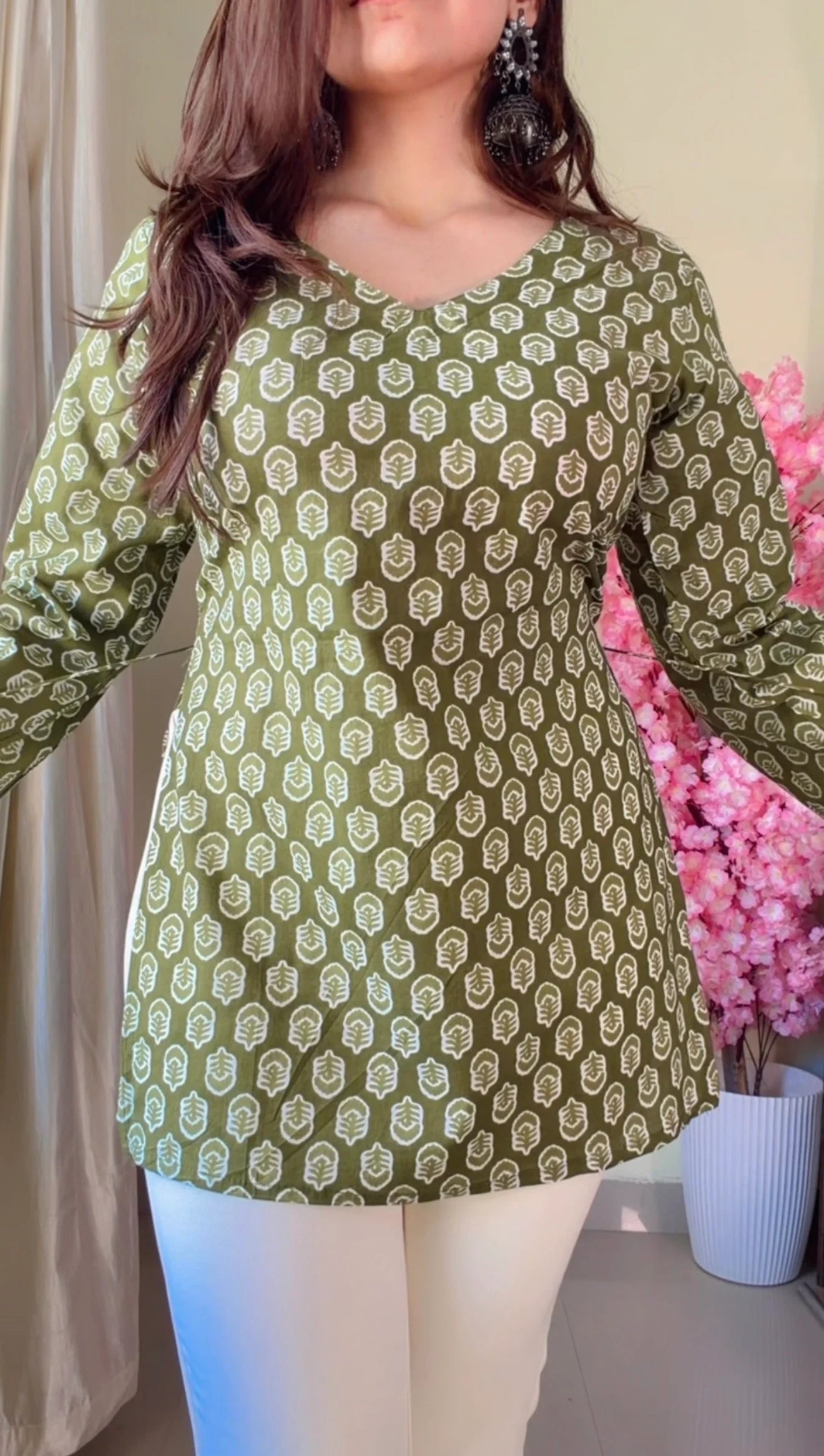 Green Floral Corset Back Short kurti