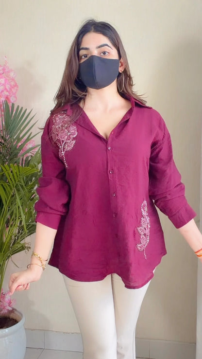 Wine leaf Embroidered Premium Shirt