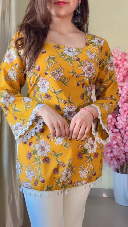 Yellow Floral Flared Sleeves Short kurti