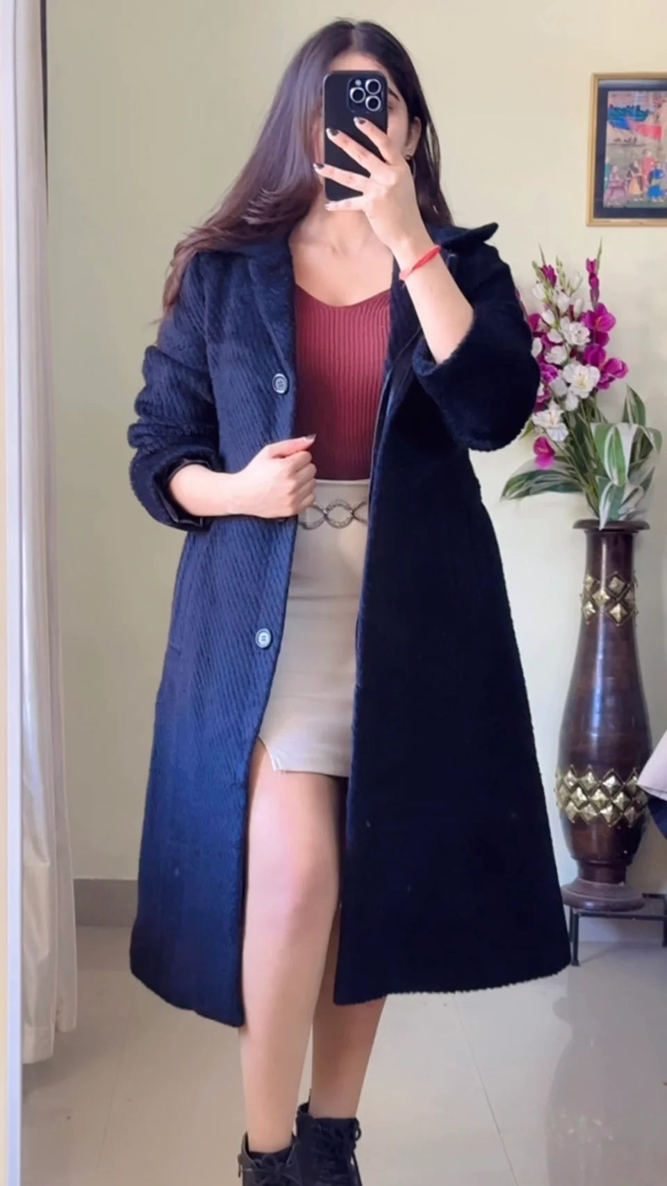 (Size-S to M) Black Winter Coat (With Belt)- Wo171