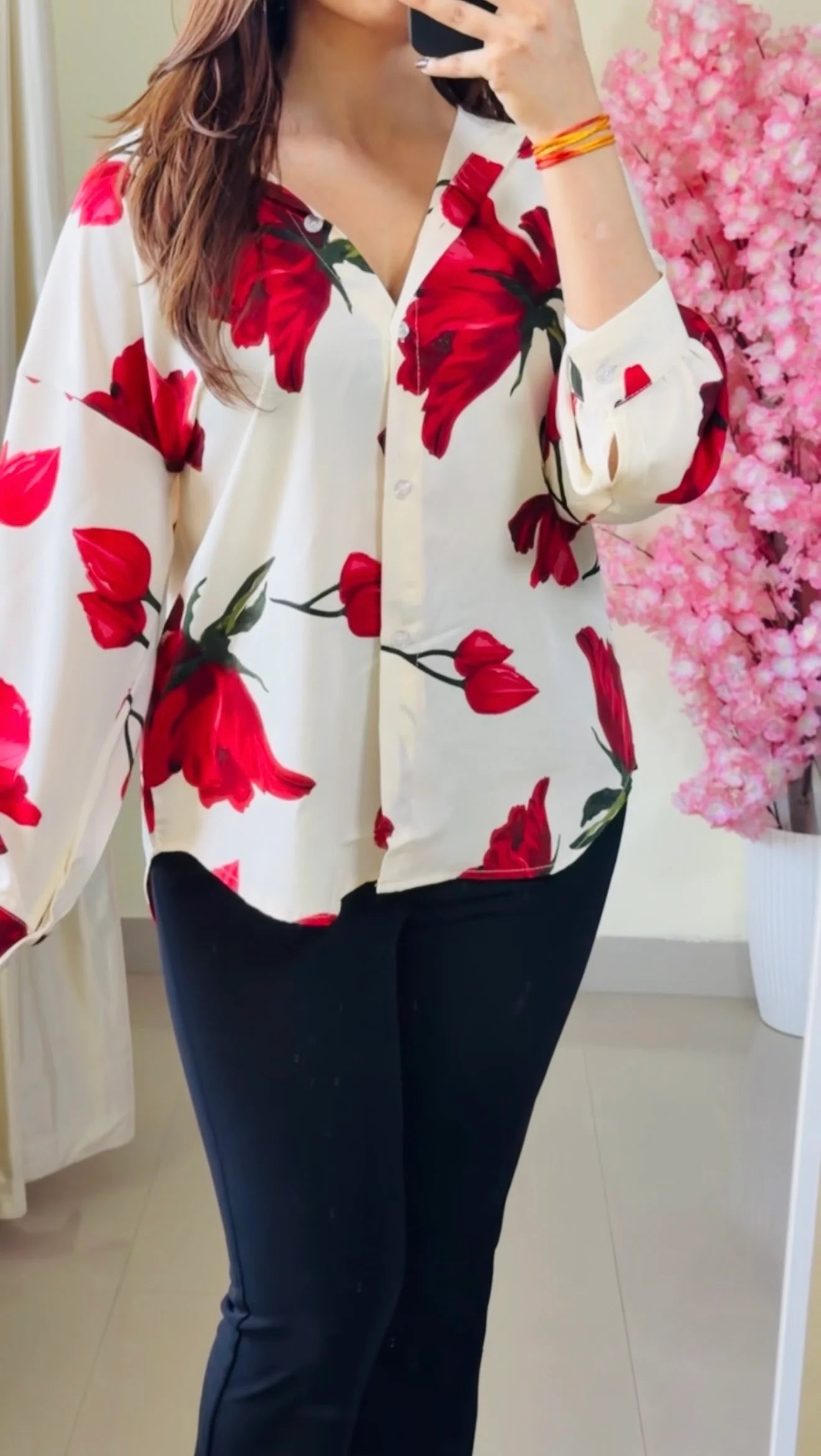 Cherry Red  Floral V-Neck Premium Shirt
